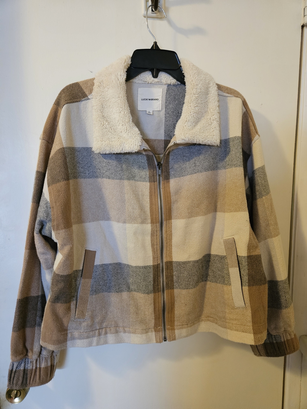 Lucky Brand Women's Beige Plaid Sherpa Collar Zip Jacket
